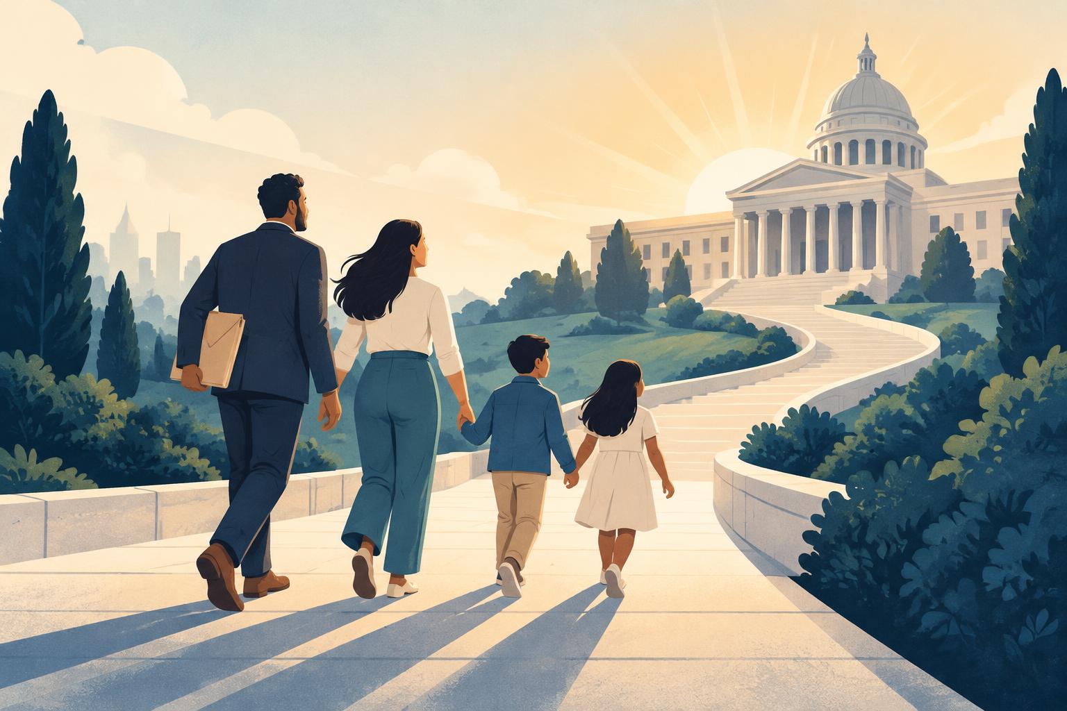 A family walking up a sunlit path toward a government building