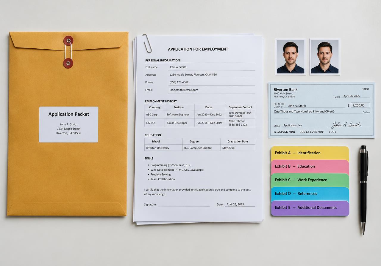 Organized filing packet with forms, photos, payment and tab dividers